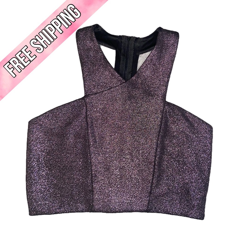 Express criss-cross high neck sparkly crop top w/ back zipper - eggplant purple
